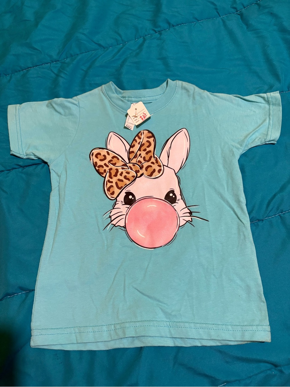 Bella Canvas Light Blue Kids Bunny Bubblegum Tee with Leopard Bow